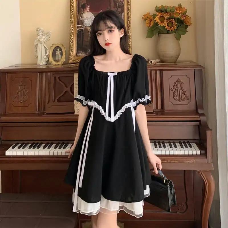 

Casual Dresses 2021Women Black Gothic Square Collar Empire DressDark Loliata Lady Lace Patchwork Bow Contrast Color Streetwear Mini Dresse