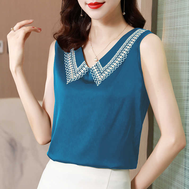 

Women' Shirt Sleeveless Blouses for Women Solid Lace Hollow Out Summer Blue Peter Pan Neck Blouse OL 210604, Malachite blue