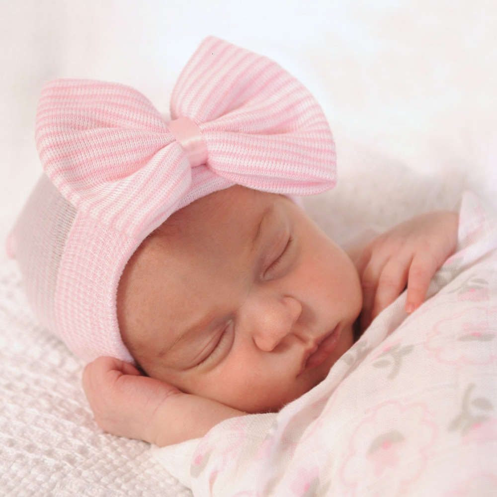 

Baby Knitted Hat big bow stripe Pullover children's hat autumn and winter born baby cap, Yellow
