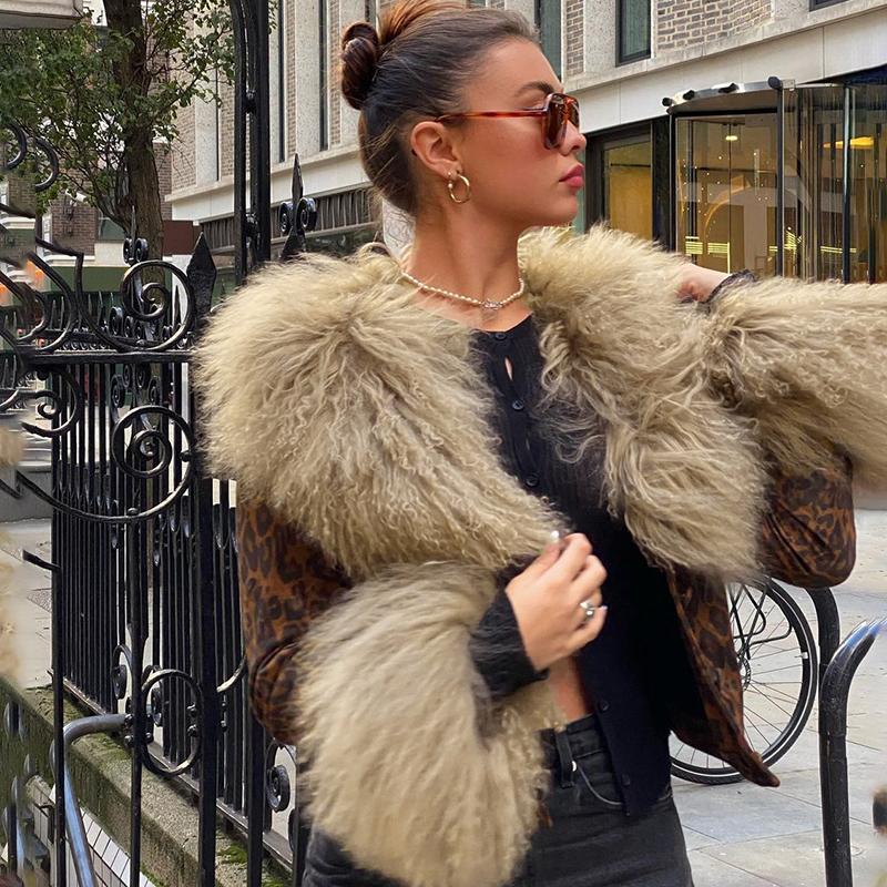 

Women' Jackets WeiYao Fur Trim Leopard Y2K Coats Women Vintage Grunge High Street Outwear Button Up Elegant Fashion Autumn Jacket, Brown