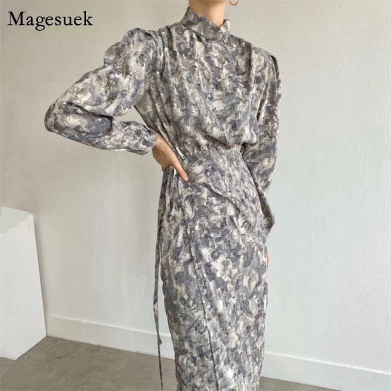 

Vintage Fashion Smudged Ink Flower Dresses for Women Autumn Winter Ruched Print Stand Collar Long Dress Robe 12796 210518, Beige