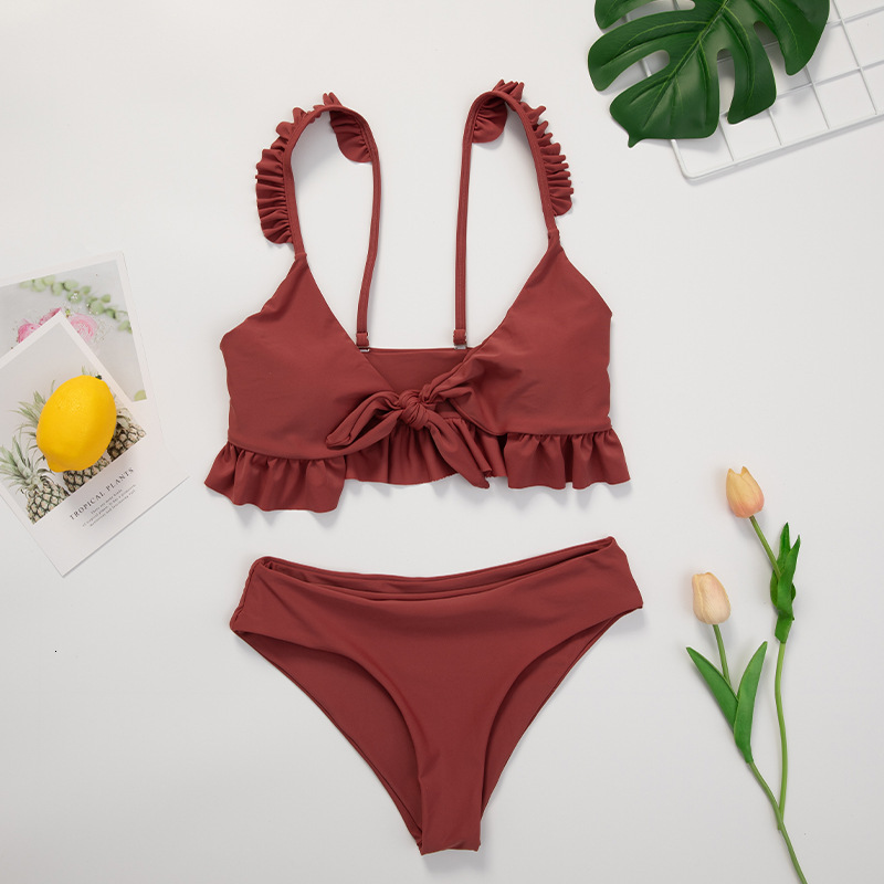 Ruffle Solid Color Bikini Style Sexy Strap High Waist Swimsuit-image-678390740