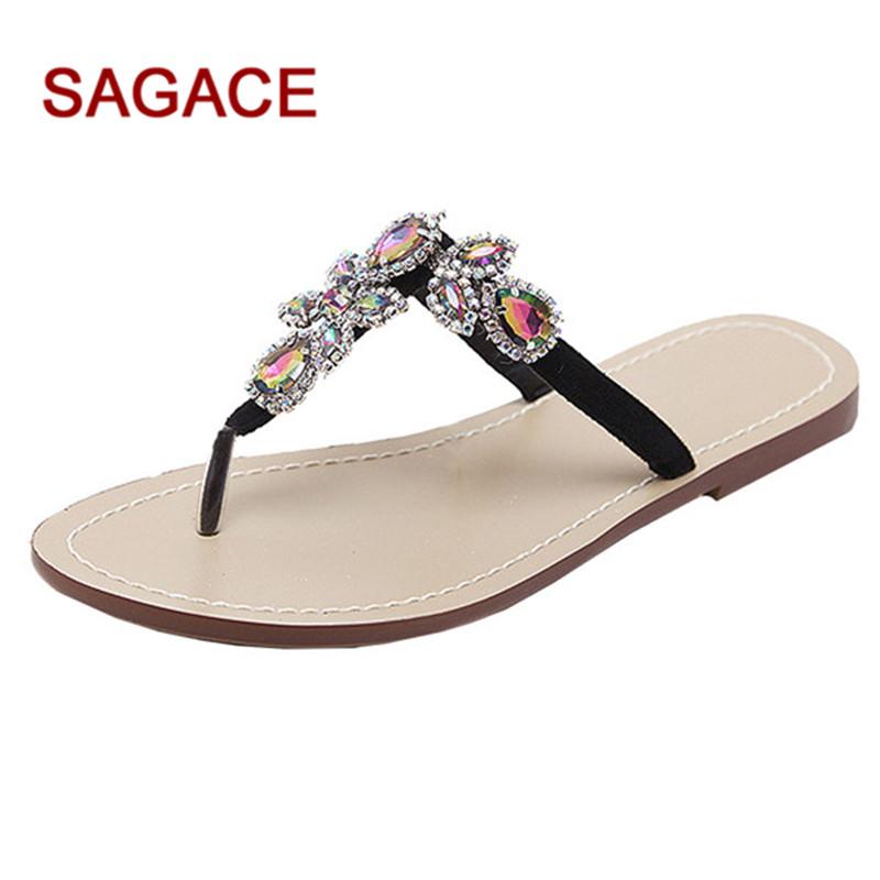 

Slippers SAGACE Slipper Summer Flat Shining Rhinestones Crystal Filp Flops Beach Shoes Feminina Zapatos De Mujer, Black