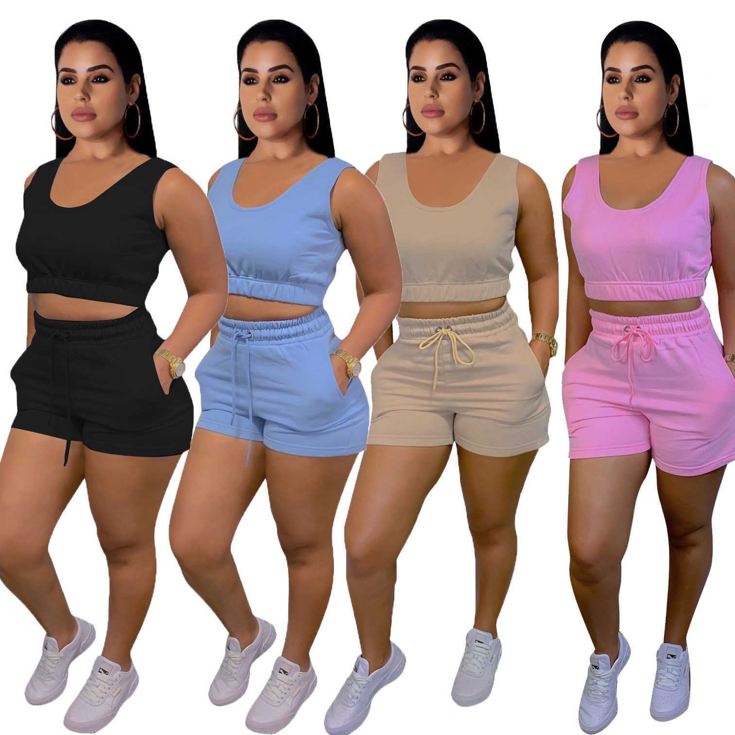 

Women tracksuits summer Fashion Solid color U neck sleeveless vest shorts Two-piece sets sportswear leisure Slim Outfits -XXL 8256, Apricot-3