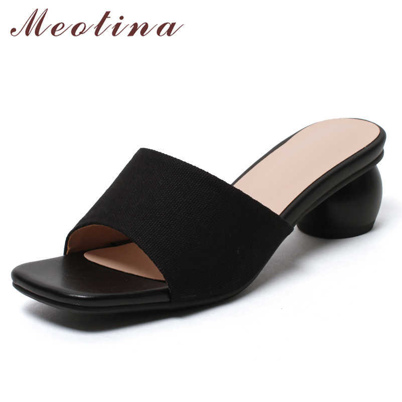 

Meotina Women Slippers Shoes Med Heel Sandals Round Heel Slides Square Toe Ladies Footwear Summer Black Size 33-43 210608, Beige