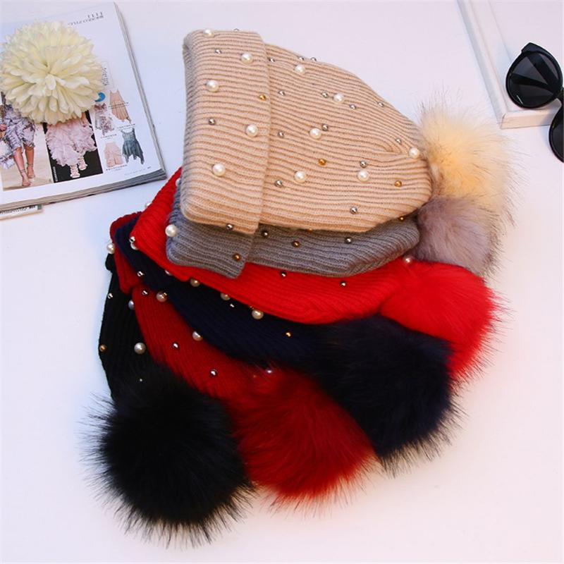 

Beanies Warm Casual Beanie Hat Soft Skullies Fur Pompom Pearl Knitted Women's