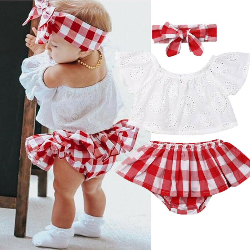 

Clothing Sets Born Baby Girl Clothes Off Shoulder Pullover Short Sleeve Tops Bow Plaid Headband Geometry Ruffle Shorts 3pc Outfit, As pic