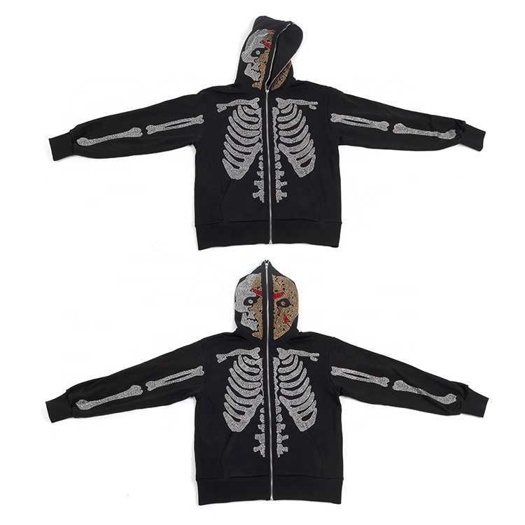 

Streetwear Custom Skull Rhinestone Halloween Hoodie Skeleton Thick Full Zip Up Hoodies Men, Only extra shipping