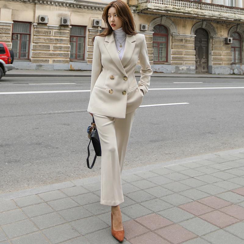 

Women's Two Piece Pants 2022 Women Spring Autumn Office Work Wear Suits Female Double Breasted Blazer Jacket & Trousers Ladies OL 2 Sets J46, White