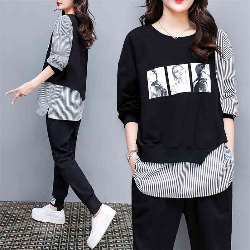 

Women's sports suit tracksuit T Shirt+pants two piece set Top And Pant clothes Matching Set Fashion Print 210519, Black