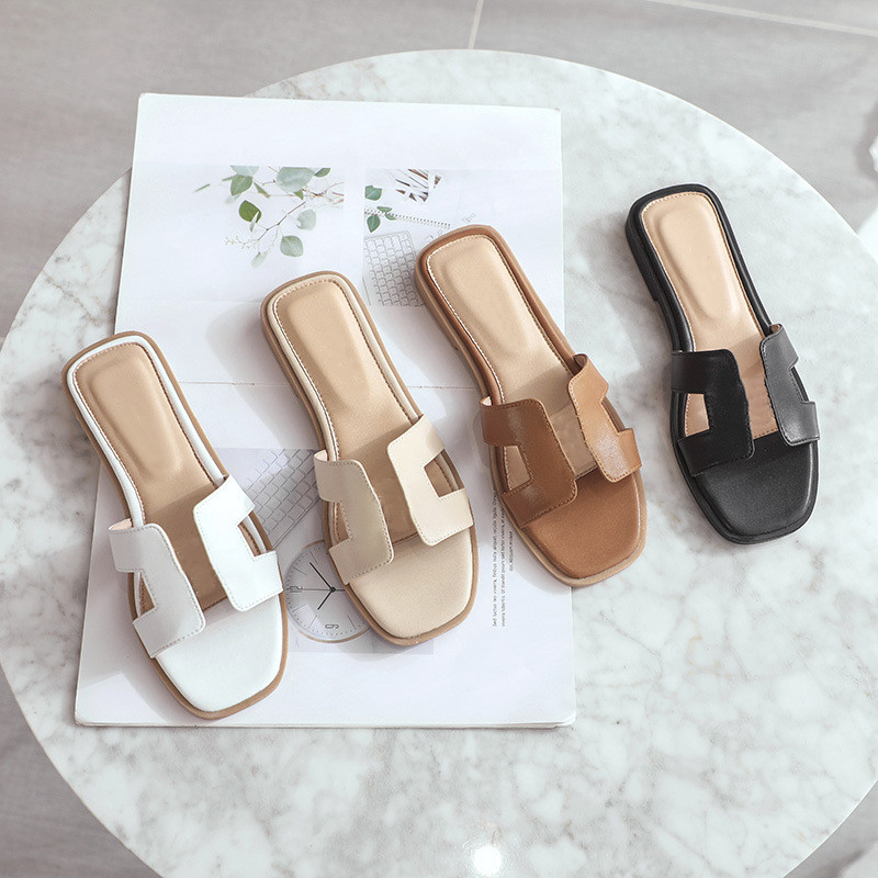 Summer Ladies Luxury h Slippers Designer Beach Sandals Classic Leather Flip Flops Open Toe Fashion Casual Flat Non-slip Shoes Size 35-42