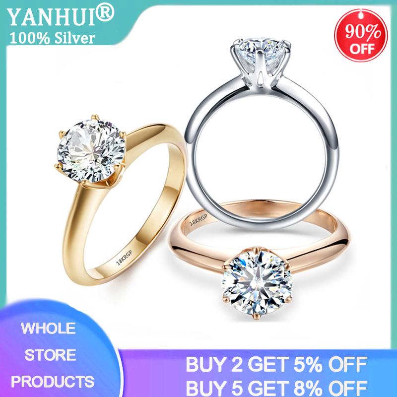 

Cluster Rings YANHUI Have 18K RGP Stamp Pure Solid White/Yellow/Rose Gold Ring Solitaire 2.0ct Lab Diamond Engagement Wedding For Women, Golden;silver