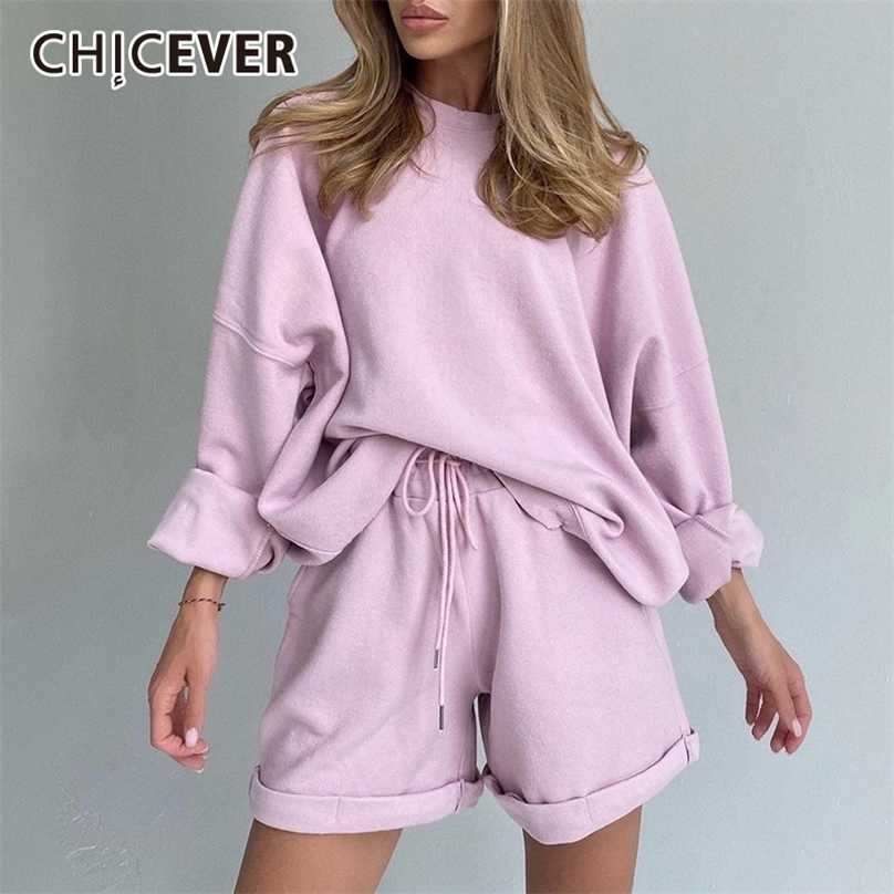 

CHICEVER Casual Two Piece Set For Women O Neck Lantern Sleeve Top High Waist Lace Up Shorts Loose Female Style 211106, Blue