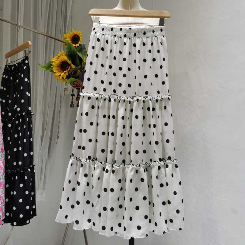 

VANOVICH Summer Women Skirts Sweet Wild Fashion Ladies Elastic Waist High Chiffon Skirt Dot Female 210615, Black
