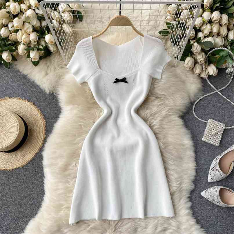 

White Knit Dress Women Summer Square Collar Short Sleeve Mini Sweet Girls Bow Decoration Slim A-line Party es 210603