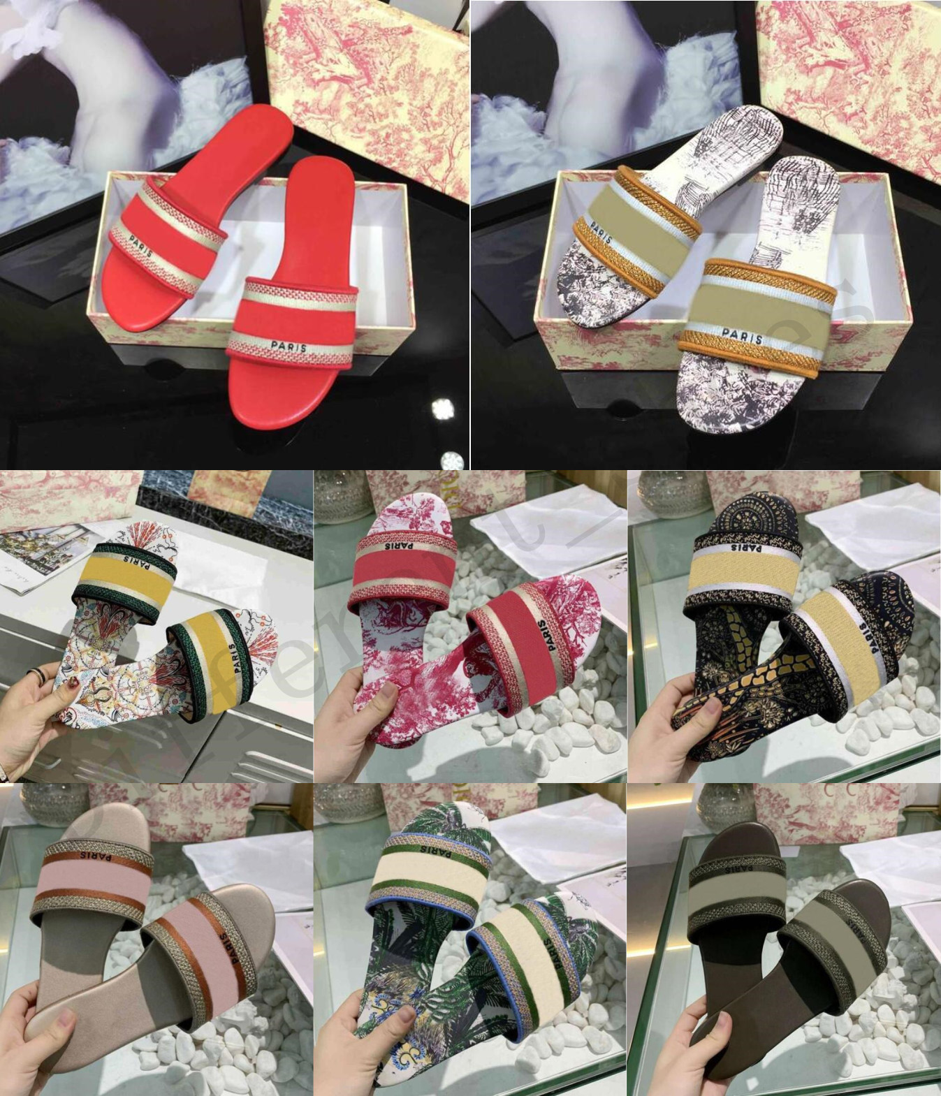 

Top quality platform Women Dway Slide Slipper Ramour Sandals Fashion Embroidered Cotton Flat Flip Flops Leather Sole Silver Metallic Causal Shoes, Black