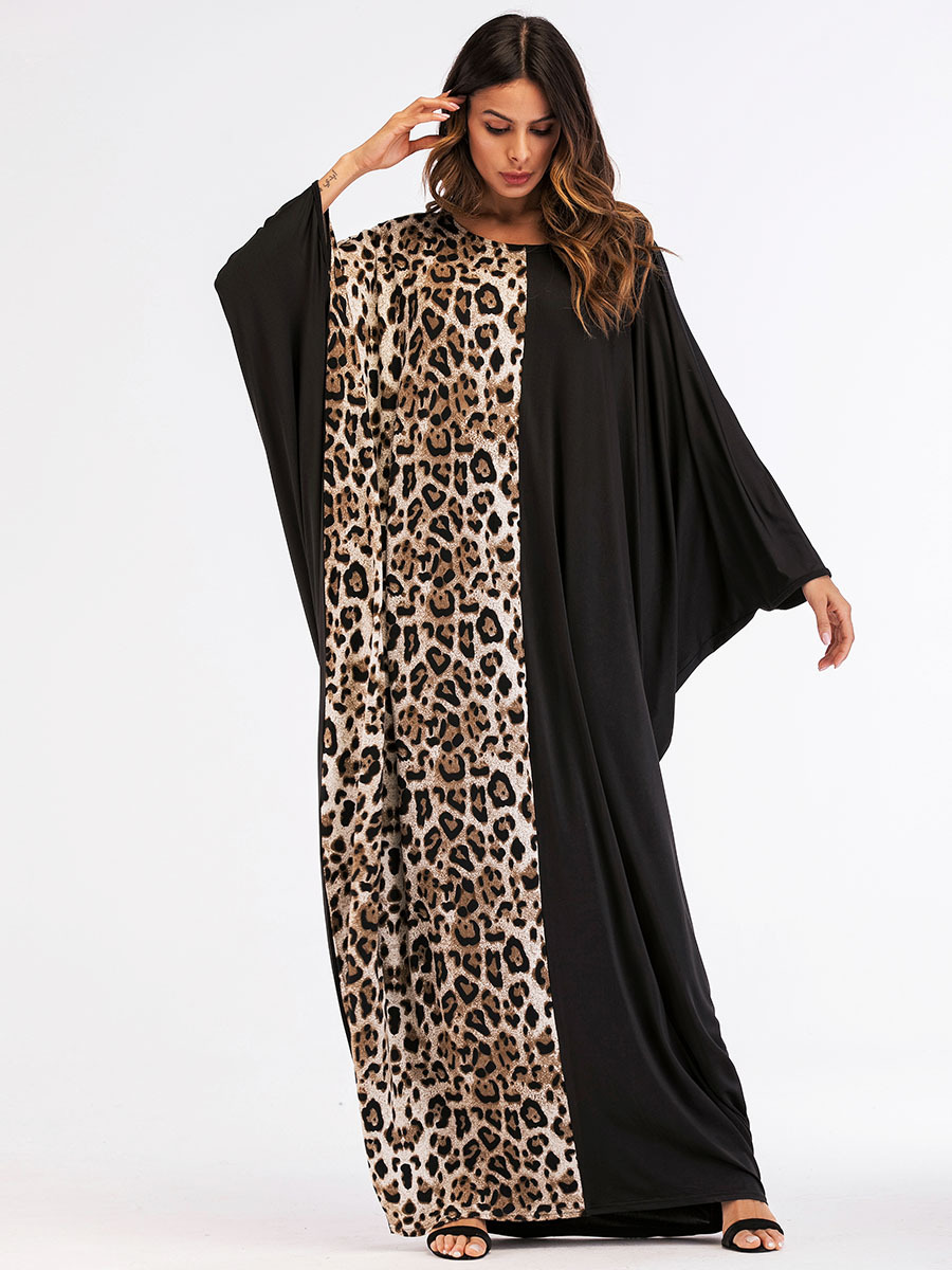 

Muslim Leopard Hijab Dress Women Batwing Sleeve Abaya Maxi Long Dress Dubai Arab Vestidos Long Robe Elegant Islamic Clothing