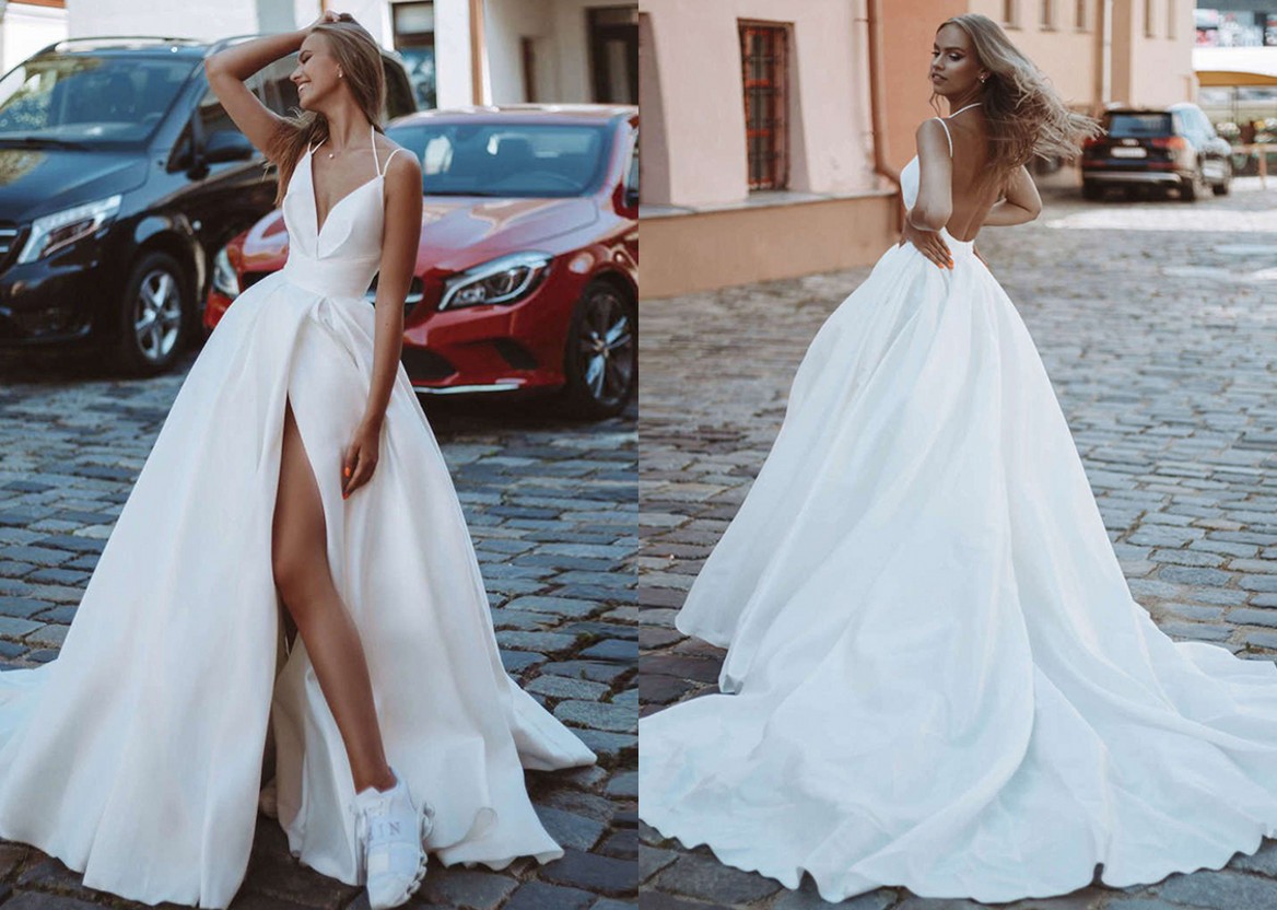 

Trendy High Side Slit A line Wedding Dresses Bridal Gowns for Women Plus size Satin with Spaghetti Straps Open Back Country Designer Court Train Classy, Customize
