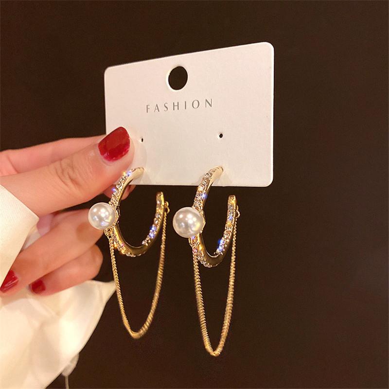 

Round Pearl Hoop Earrings For Women Bijoux Long Tassel Crystal Rhinestone Statement Jewelry Gifts & Huggie