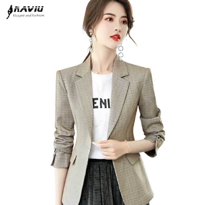 

Blazer Women Spring Fashion Retro Plaid Long Sleeve Slim Jacket Office Ladies Formal Buiness Work Coat 210604, Apricot blazer