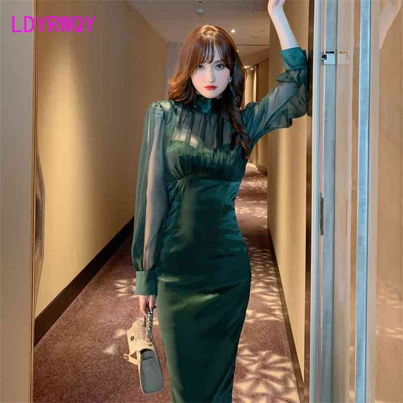 

LDYRWQY Women's autumn sexy perspective mesh stitching slim dress Office Lady Sheath Knee-Length 210603, Dark green