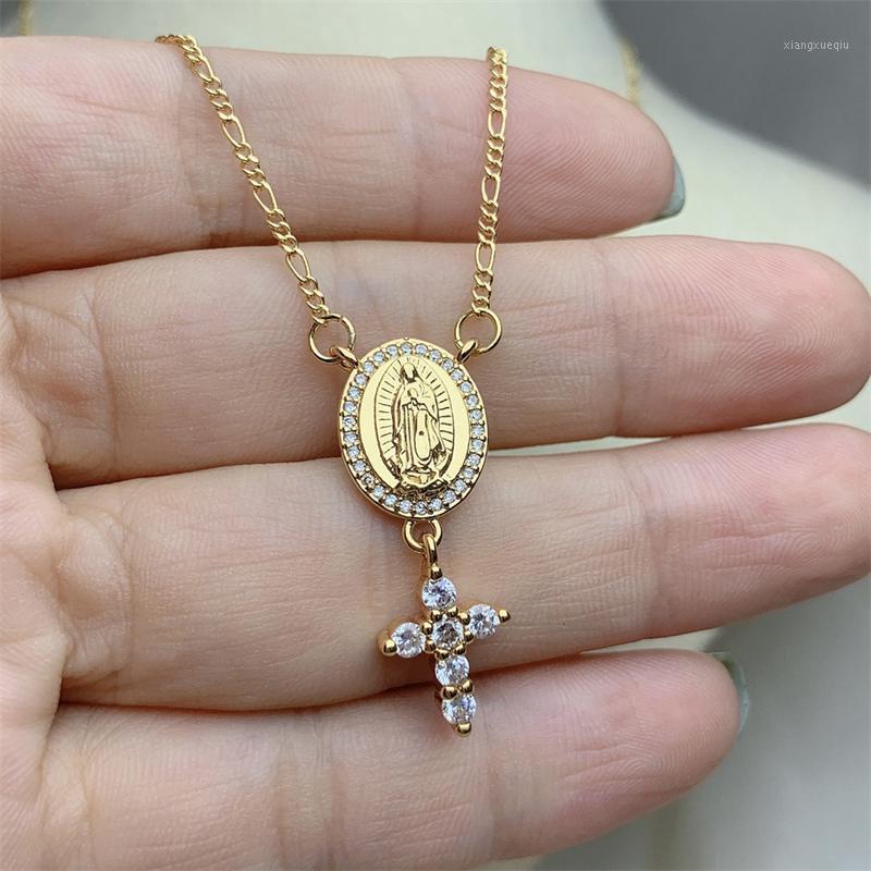 

Pendant Necklaces Brass Cross Charm With Medals Of The Virgin Guadalupe Figaro Chain Necklace Religious Jewelry For Women Gift, Silver
