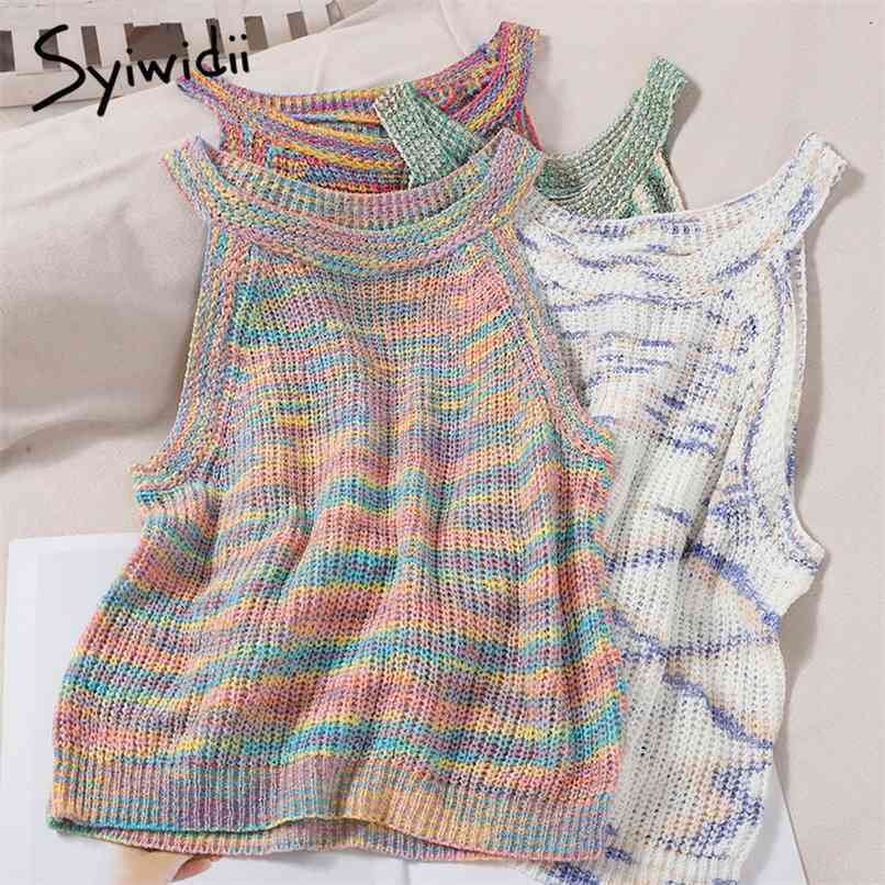 

Knitted Tank Top Women Cami Cute Bustier Sexy Streetwear Summer Korean Fashion Green Pink White Red Tshirts Print 210607