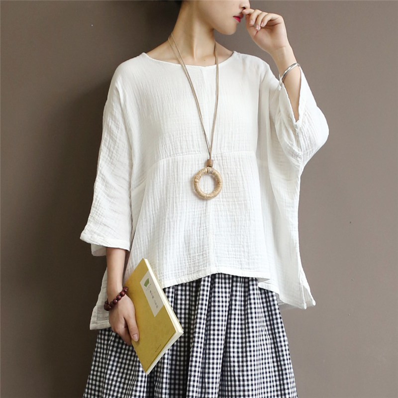 

Johnature Summer O-Neck Plus Size Women White T-Shirts Double Cotton Bat Sleeve Women Cloths Vintage Patchwork T-Shirts 210521