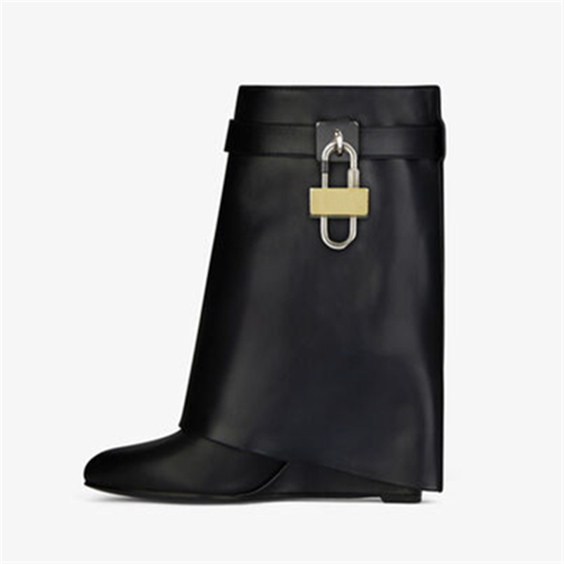 

Boots 2021 Lock Design Genuine Leather Women Wedge Height Increasing Fold Over High Boot Female Mid-Calf Riding, Black