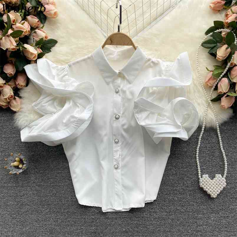 

Chic Ruffle Flying Sleeve Women Shirts Korean Office Lady Single-breasted Blouses Tops Summer Solid Blusas 210519, Black