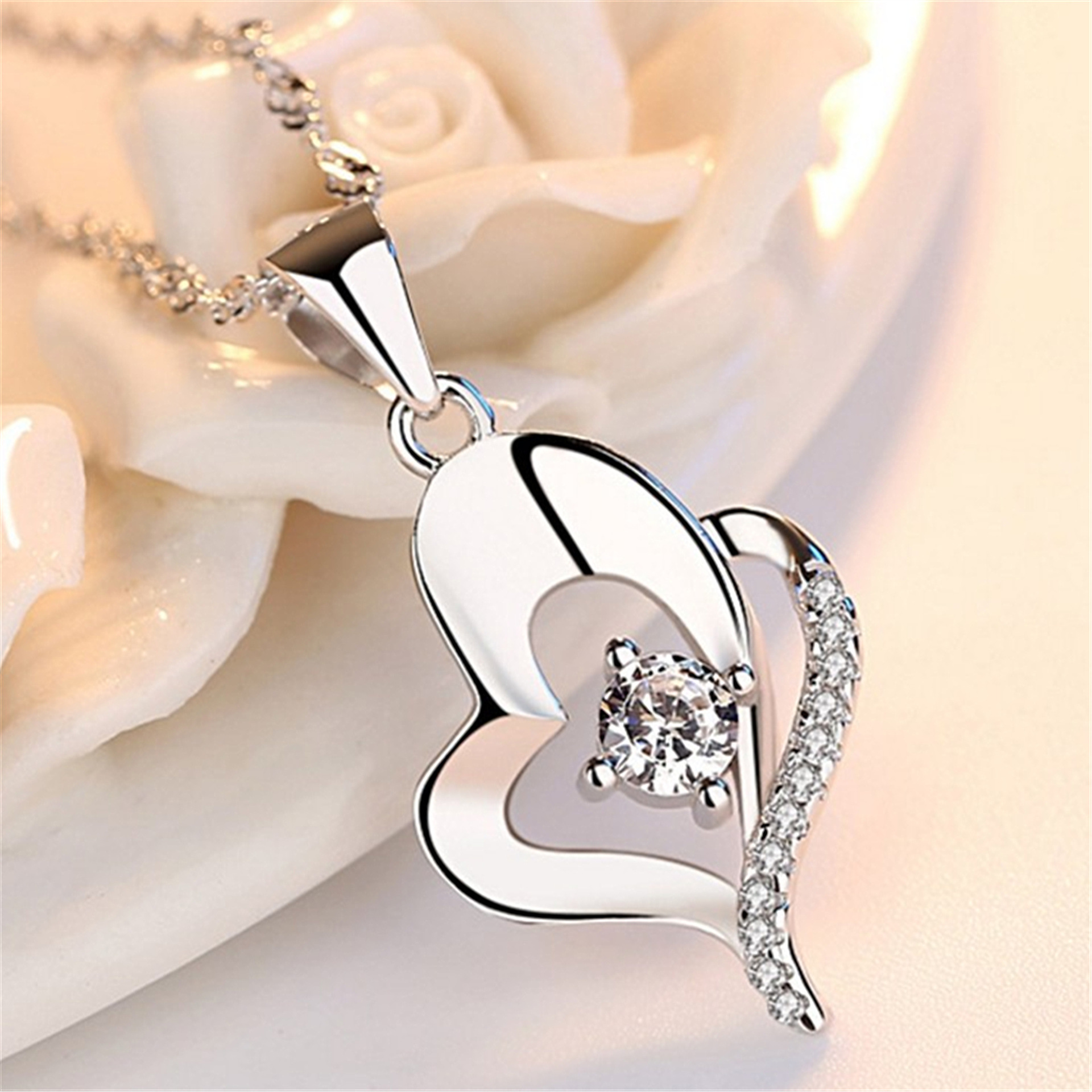 

LNRRABC Trendy Crystal Pendant Friendship Shape Small Love Heart Long Chain Statement Necklace Stone Silver for Girlfriend