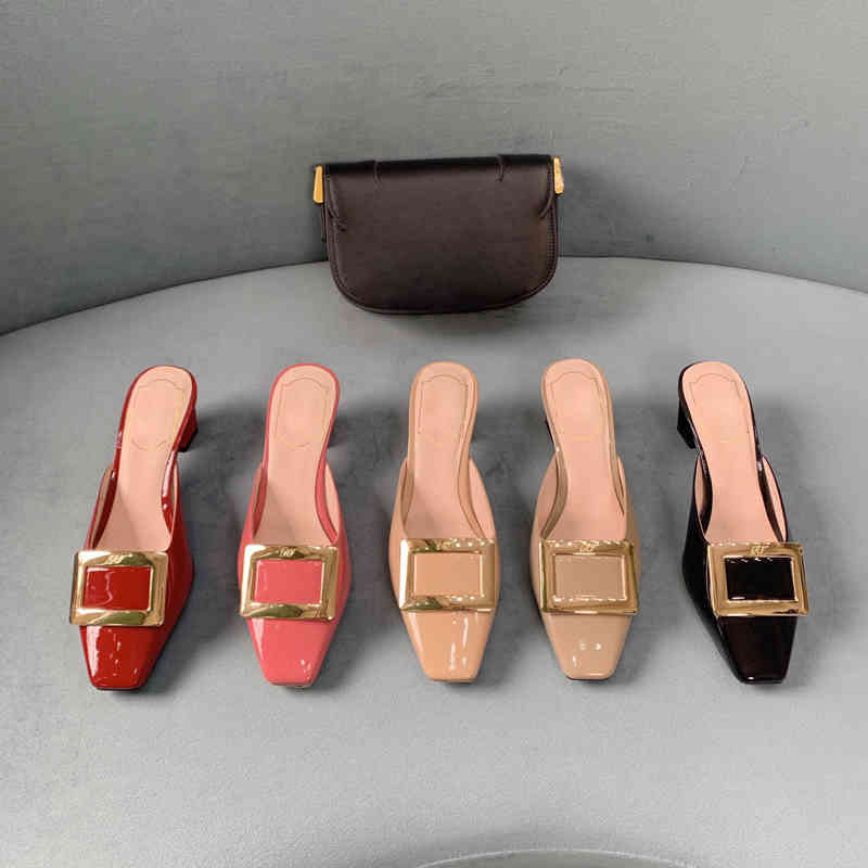 RV dry rose High version patent leather bright face metal square buckle back air heel Muller shoes slippers Sandal yw yw