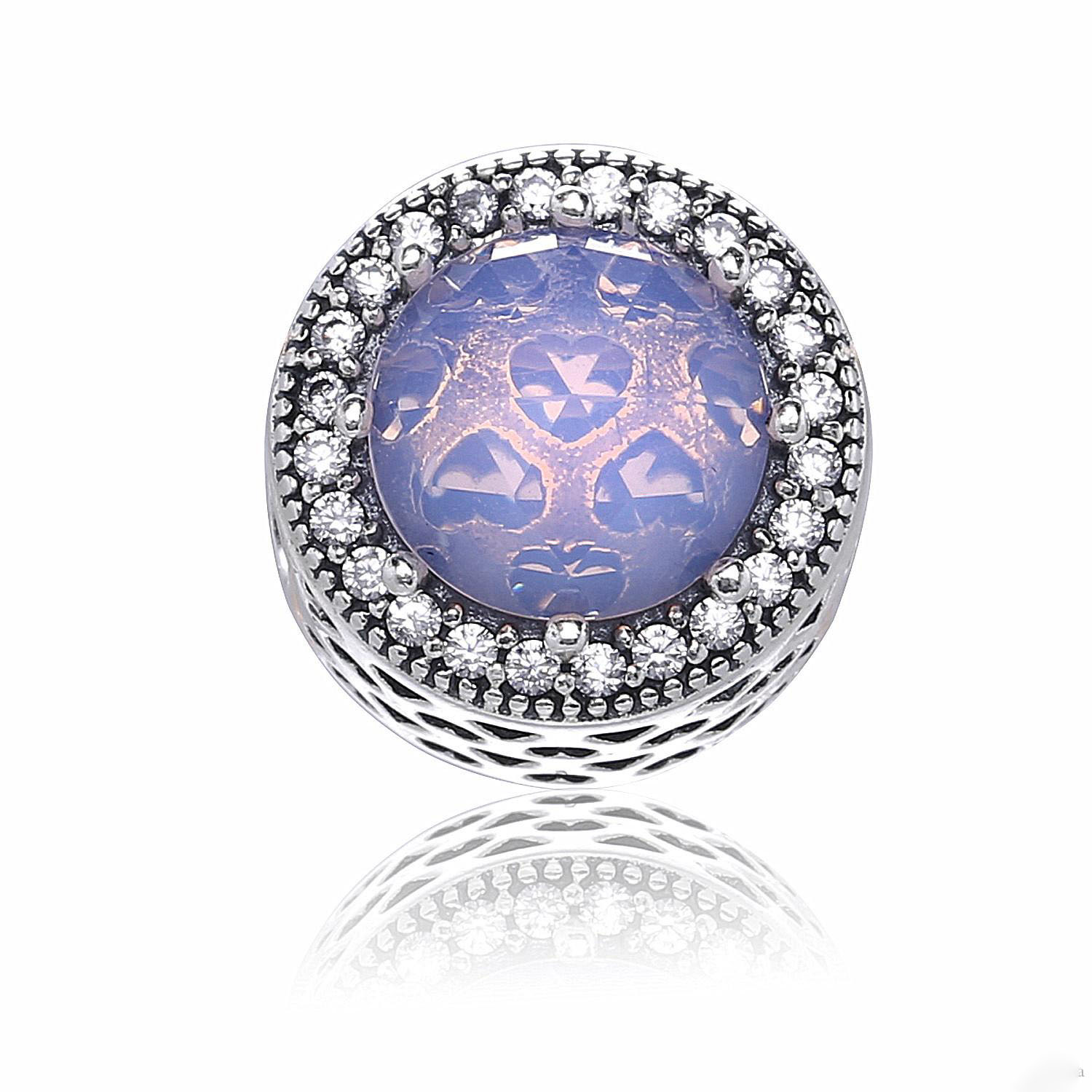 

925 Sterling Silver Radiant Hearts with Opalescent Pink Crystal Charm Bead Fits European Jewelry Charm Bracelets and Necklaces