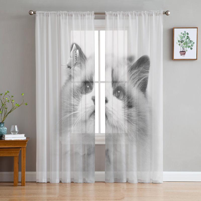 

Curtain & Drapes Black And White Puppet Cat Butterfly Sheer Curtains For Living Room Voile Tulle Bedroom Kitchen Home Decor Panel