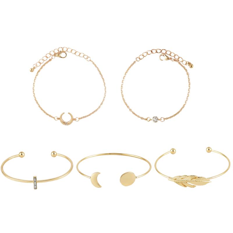 

Link, Chain 5Pcs/Set Fashion Punk Gold Moon Leaf Crystal Geometry Open Bracelet Set Women Charm Beach Jewelry Party Gift