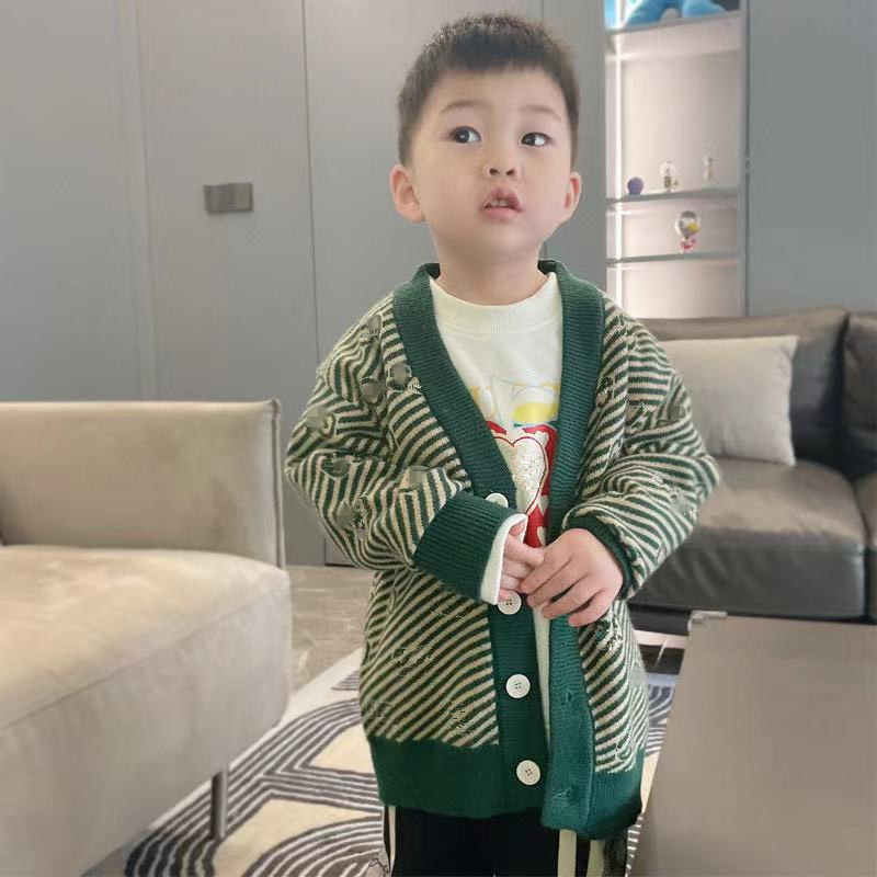 

kids Boy Cardigan Clothes Autumn Winter Warm pullover Top Long Sleeve striped Sweater Girl Fashion Knitted Gentleman Knitwear, Green