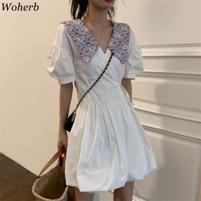 

White Elegant Dress Women Kawaii Puff Sleeve Floral es Chic Mini Robe Korean Vestidos De Mujer Summer 210519