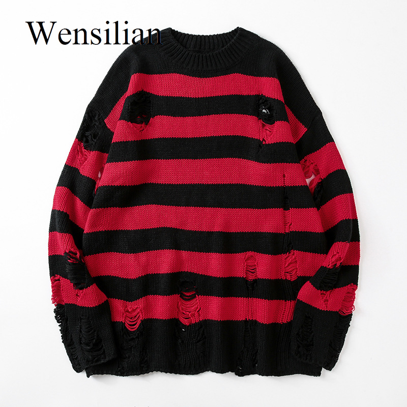 

Black Stripe Sweaters Destroyed Ripped Sweater Men Pullover Hole Knit Jumpers Men Oversized Sweatshirt Harajuku Long Sleeve Tops, Pink