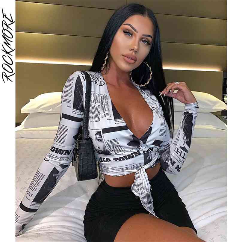 

Rockmore spaper Letter Print Women T Shirt Deep V-neck Sexy Tees Shirts Long Sleeve Crop Top Streetwear Basic Tshirt Womens 210720, O neck shirts