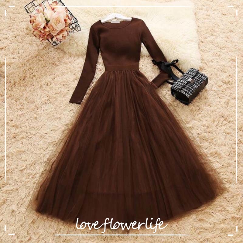 

Women Knit Dress Autumn Winter O-Neck Long Sleeve Knitted Patchwork Mesh Dresses Female Elegant Fluffy Dress Vestidos 210521, Brown