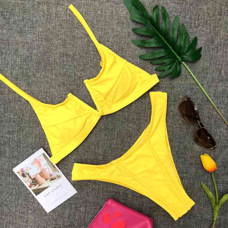 

Sexy Solid Yellow Bikini Women Push Up Padded Bandage Push-up Triangle Swimwear Bathers Bathing Suit Micro Swimsuit Biquini, White;black