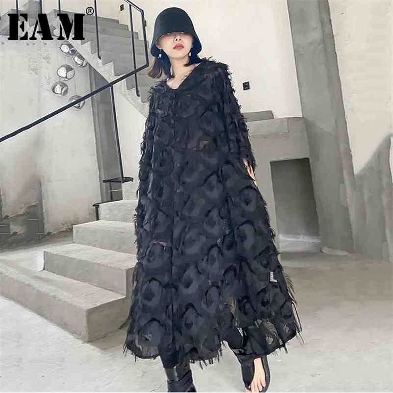 

[EAM] Women Black Feather Split Big Size Dress V-Neck Three-quarter Sleeve Loose Fit Fashion Spring Summer 1T159 210630