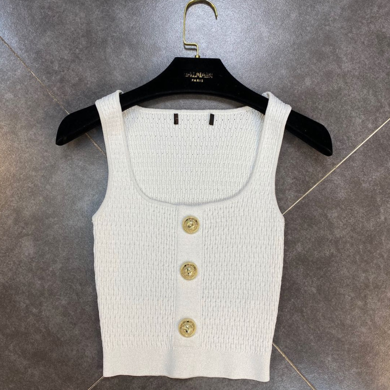 

Women Sleeveless Temperament Ice Silk Knitted Vest Sexy Square Gold Button Collar Fashion Spring Summer 11B411 210525, Light blue