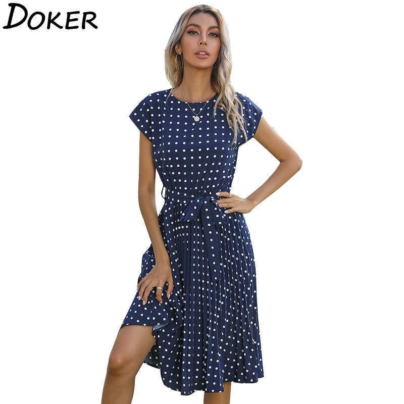 

Women Polka Dot Bandage Flying Sleeve Knee-length Midi Dress O Neck Casual All-match Bohemia Beach Dresses Ropa Mujer 210604, Green