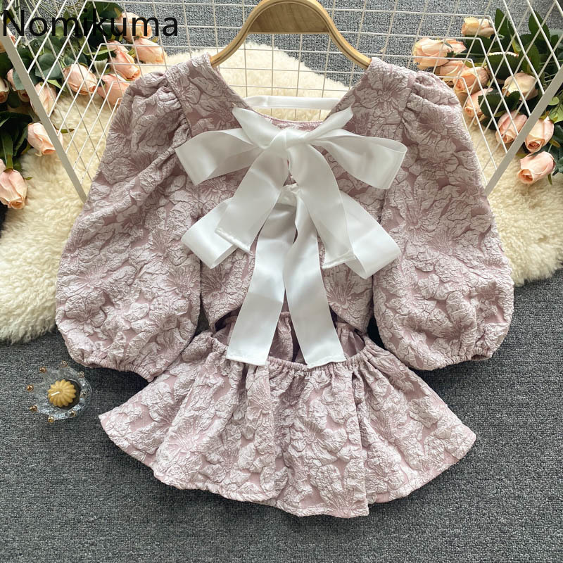 Nomikuma Sweet Bowknow Hollow-out Blouse Causal Korean Puff Sleeve O-neck Blusas New Slim Waist Ruffle Woman Shirt 6H206 210427