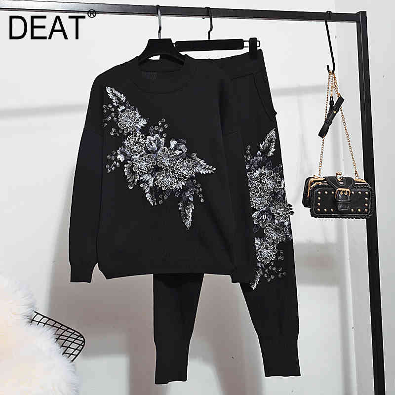 

Women Personalized Beaded Flower Knitting Long Pants Tarrivals Wo Piece Set Fashion Spring Autumn 11D425 210525, Black