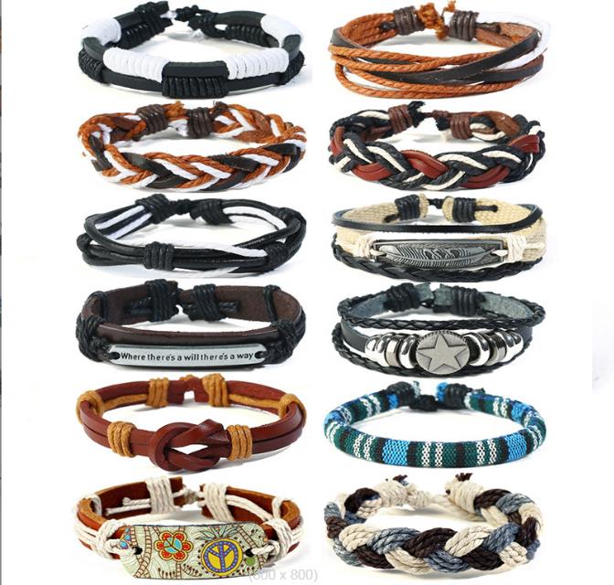 

Vintage woven cowhide Bracelet diy12 style 12 piece suit men's leather chain arm ornament Feather Five pointed star hot stamping