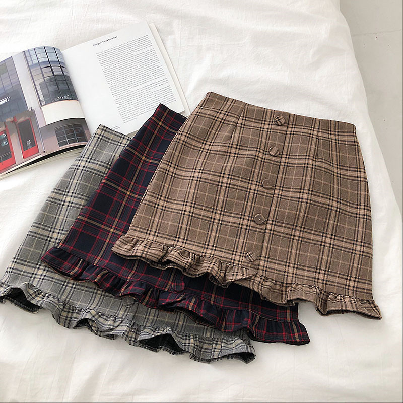 

Summer Women Skirt Korean Empire Plaid Mini Skirts Casual Lady Above Knee A-Line High Waist Ruffles Skirts, Gray