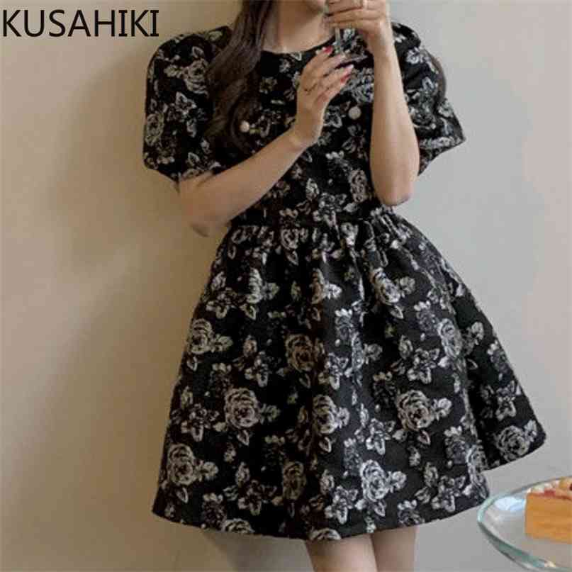 

Korean Jacquard Dresses for Women Puff Sleeve O-neck Dress High Waist A-line Sweet Summer Vestidos 6J218 210603, Black