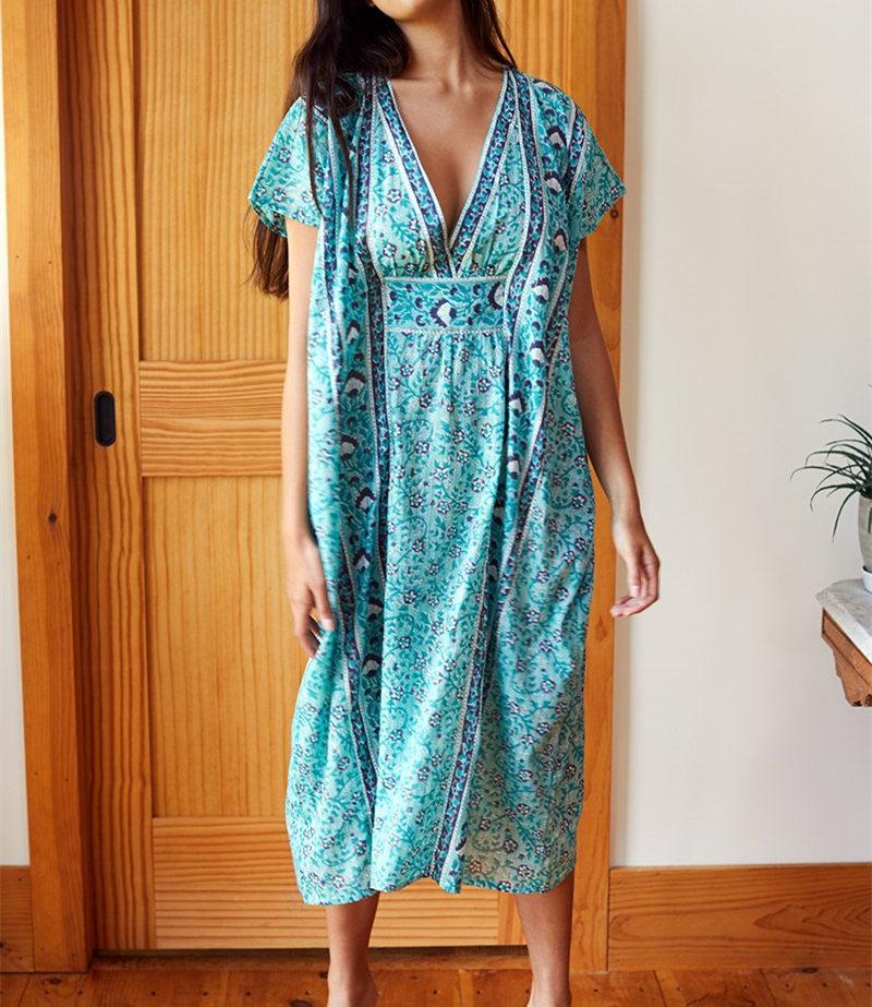

Bohemian Printed Summer Women Beachwear Kaftan Cover-ups Beach Dress Cotton Tunic Swim Wear Cover Up Robe De Plage Q921 Sarongs, Blue;gray